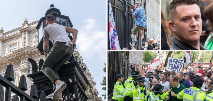 Tommy Robinson supporters climb gates of Downing Avenue after his arrest