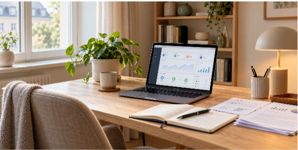 Espace de travail lumineux avec ordinateur portable et données d’affiliation